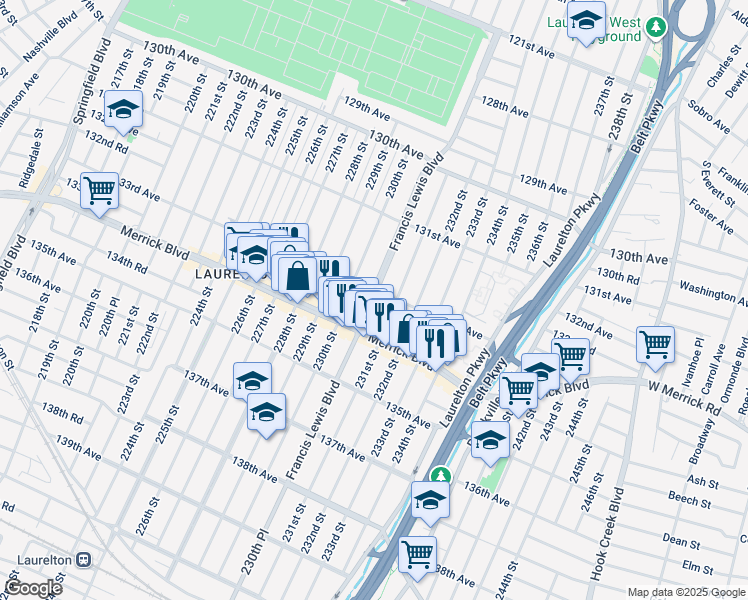 map of restaurants, bars, coffee shops, grocery stores, and more near 131-81 Francis Lewis Boulevard in Queens