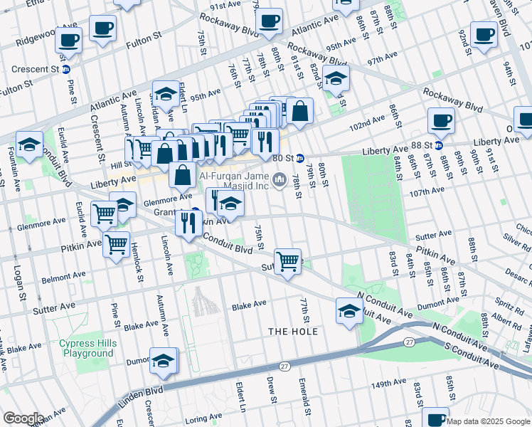 map of restaurants, bars, coffee shops, grocery stores, and more near 106-27 75th Street in Queens