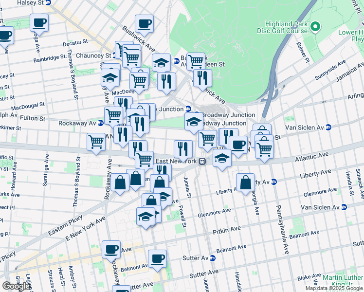 map of restaurants, bars, coffee shops, grocery stores, and more near 1466 Herkimer Street in Brooklyn