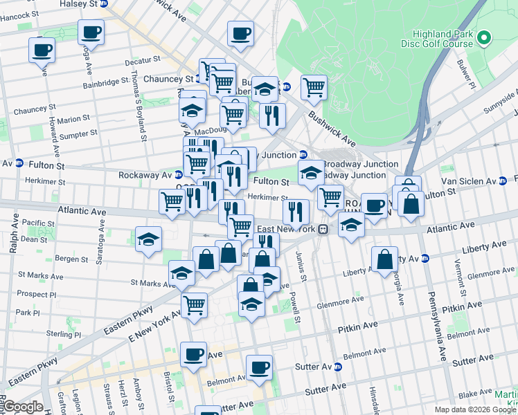 map of restaurants, bars, coffee shops, grocery stores, and more near 1422 Herkimer Street in Brooklyn