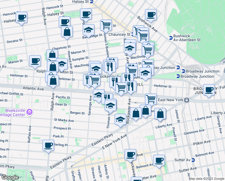 map of restaurants, bars, coffee shops, grocery stores, and more near 2025 Atlantic Avenue in Brooklyn
