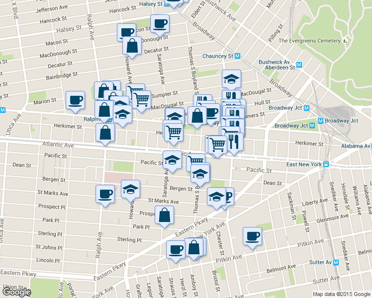 map of restaurants, bars, coffee shops, grocery stores, and more near 23 Roosevelt Place in Brooklyn