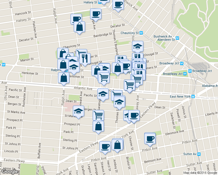 map of restaurants, bars, coffee shops, grocery stores, and more near 23 Roosevelt Place in Brooklyn