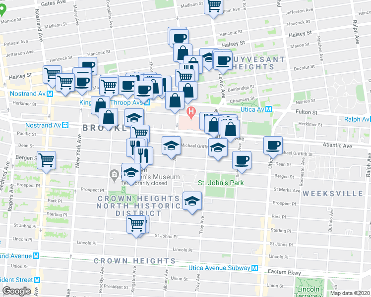 map of restaurants, bars, coffee shops, grocery stores, and more near 1544 Pacific Street in Brooklyn