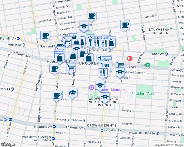 map of restaurants, bars, coffee shops, grocery stores, and more near 1402 Pacific Street in Brooklyn