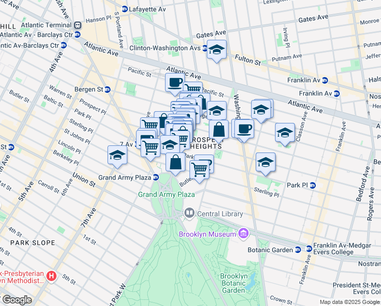 map of restaurants, bars, coffee shops, grocery stores, and more near 291 Park Place in Brooklyn