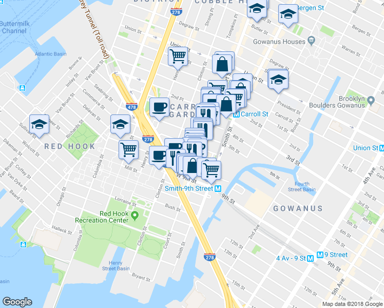 map of restaurants, bars, coffee shops, grocery stores, and more near 498 Court Street in Brooklyn