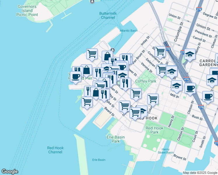 map of restaurants, bars, coffee shops, grocery stores, and more near 129 Dikeman Street in Brooklyn