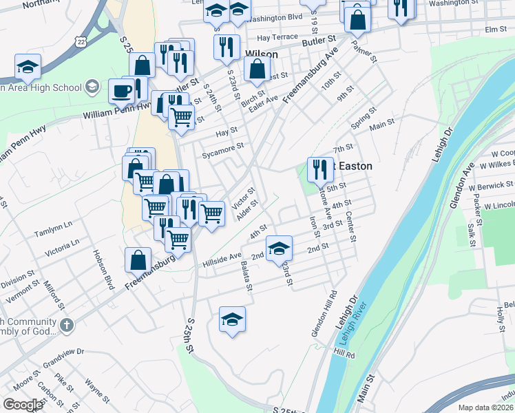 map of restaurants, bars, coffee shops, grocery stores, and more near 958 South 23rd Street in Easton