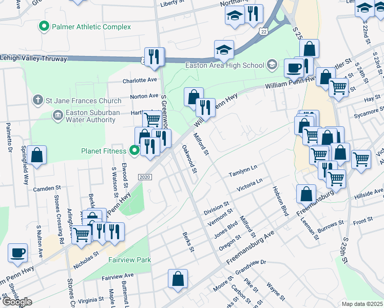 map of restaurants, bars, coffee shops, grocery stores, and more near 514 Oakwood Street in Easton