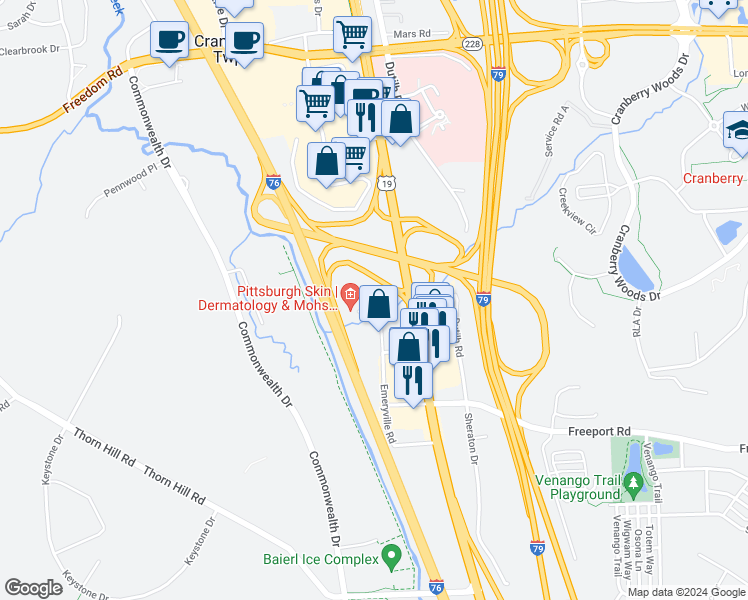 map of restaurants, bars, coffee shops, grocery stores, and more near 136 Emeryville Drive in Cranberry Township