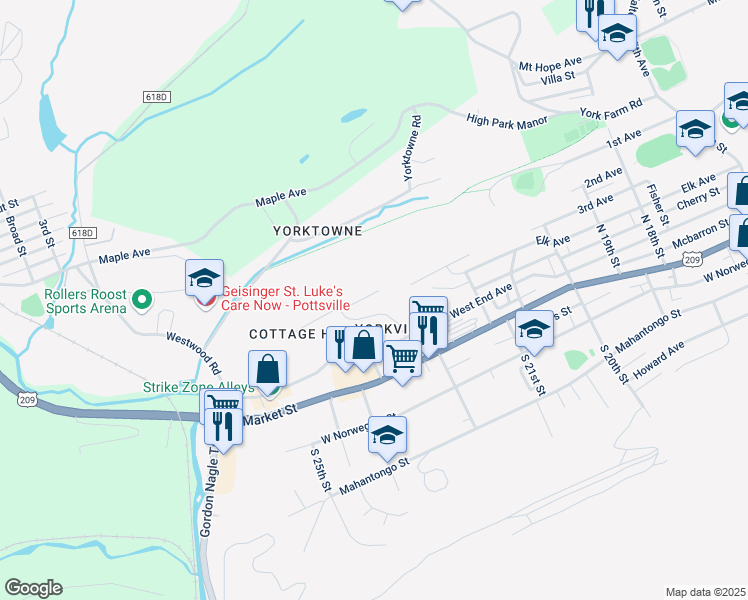 map of restaurants, bars, coffee shops, grocery stores, and more near 17 Cottage Hill East in Pottsville