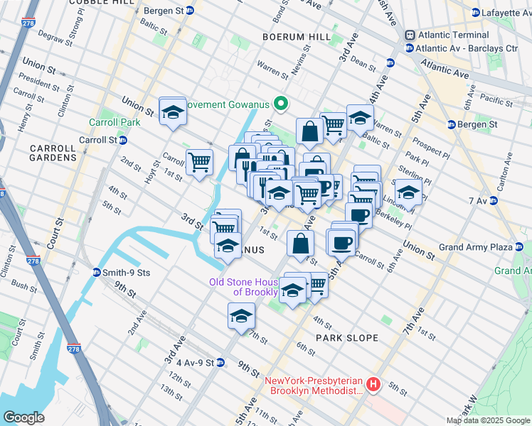 map of restaurants, bars, coffee shops, grocery stores, and more near 276 3rd Avenue in Brooklyn