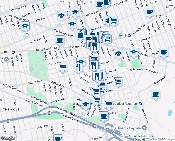 map of restaurants, bars, coffee shops, grocery stores, and more near 107-61 92nd Street in Queens