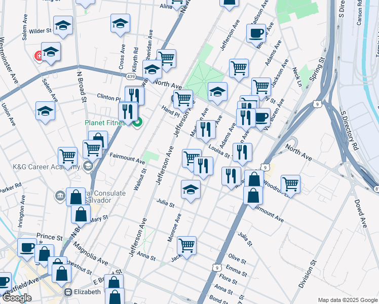 map of restaurants, bars, coffee shops, grocery stores, and more near 647 Madison Avenue in Elizabeth