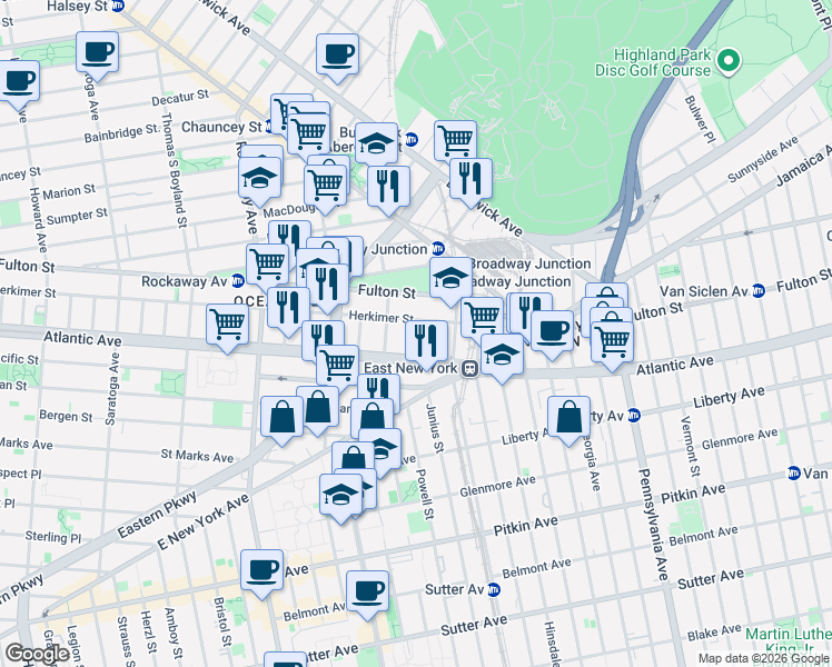 map of restaurants, bars, coffee shops, grocery stores, and more near 1466 Herkimer Street in Brooklyn