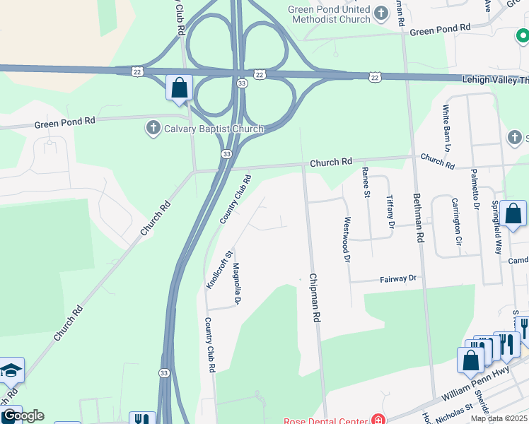 map of restaurants, bars, coffee shops, grocery stores, and more near 3734 Knollcroft Street in Easton