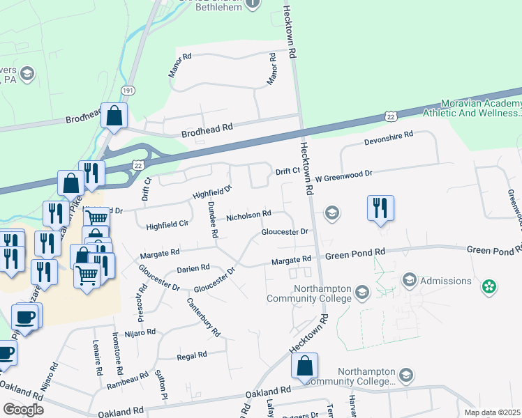 map of restaurants, bars, coffee shops, grocery stores, and more near 3545 Nicholson Road in Bethlehem