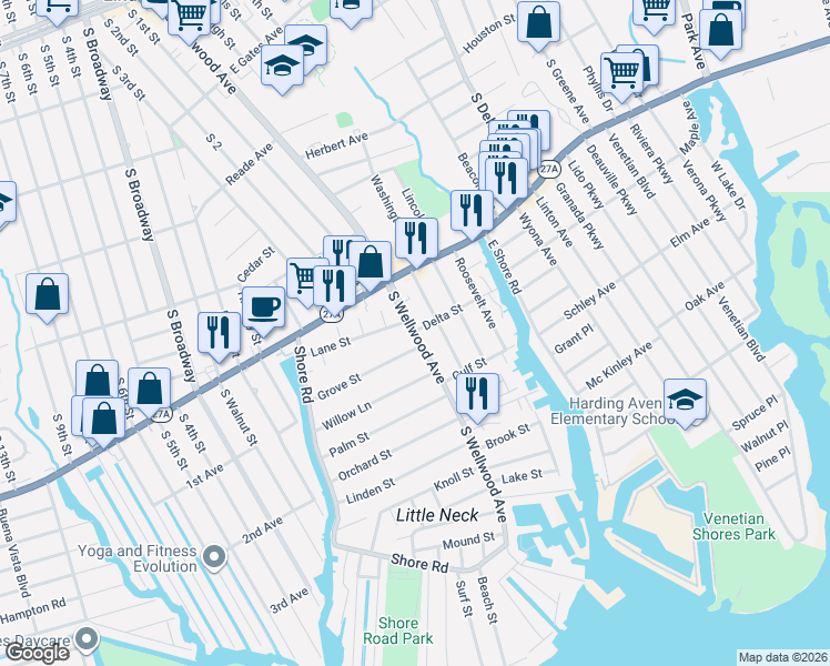map of restaurants, bars, coffee shops, grocery stores, and more near 635 South Wellwood Avenue in Lindenhurst