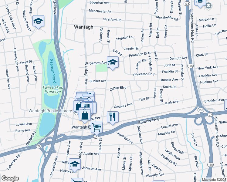 map of restaurants, bars, coffee shops, grocery stores, and more near 1827 Plymouth Road in Wantagh