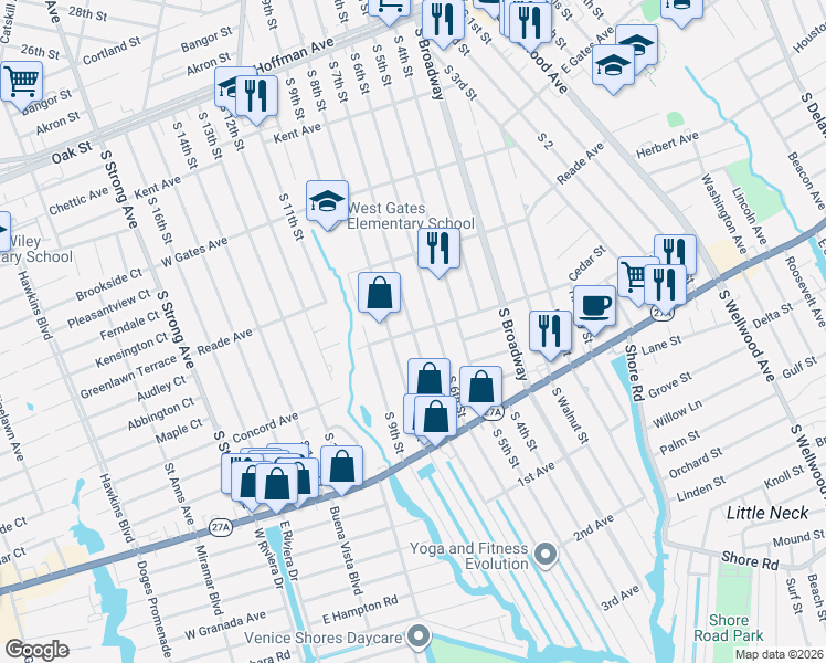 map of restaurants, bars, coffee shops, grocery stores, and more near South 7th Street in Lindenhurst