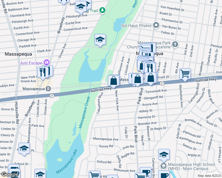 map of restaurants, bars, coffee shops, grocery stores, and more near 4722 New York 27 in Massapequa Park