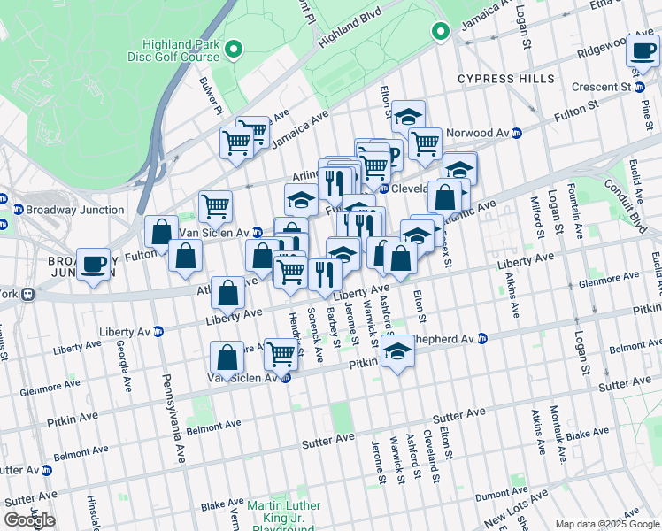 map of restaurants, bars, coffee shops, grocery stores, and more near 2863 Atlantic Avenue in Brooklyn