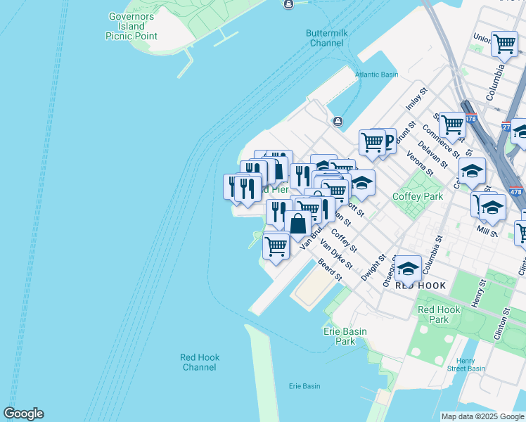 map of restaurants, bars, coffee shops, grocery stores, and more near 260 Conover Street in Brooklyn