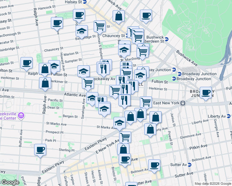 map of restaurants, bars, coffee shops, grocery stores, and more near 19 Marconi Place in Brooklyn