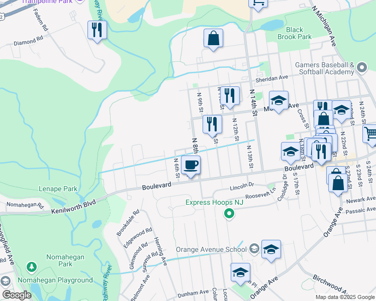 map of restaurants, bars, coffee shops, grocery stores, and more near 53 North 7th Street in Kenilworth