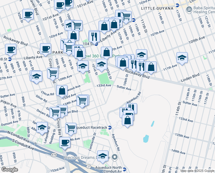 map of restaurants, bars, coffee shops, grocery stores, and more near 133-01 Boss Street in Queens