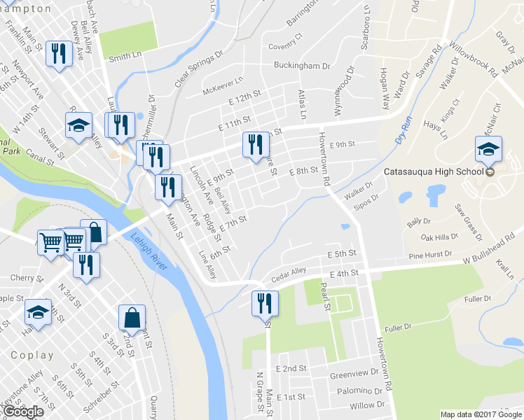map of restaurants, bars, coffee shops, grocery stores, and more near 402 East 7th Street in Northampton
