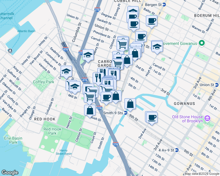 map of restaurants, bars, coffee shops, grocery stores, and more near 498 Court Street in Brooklyn