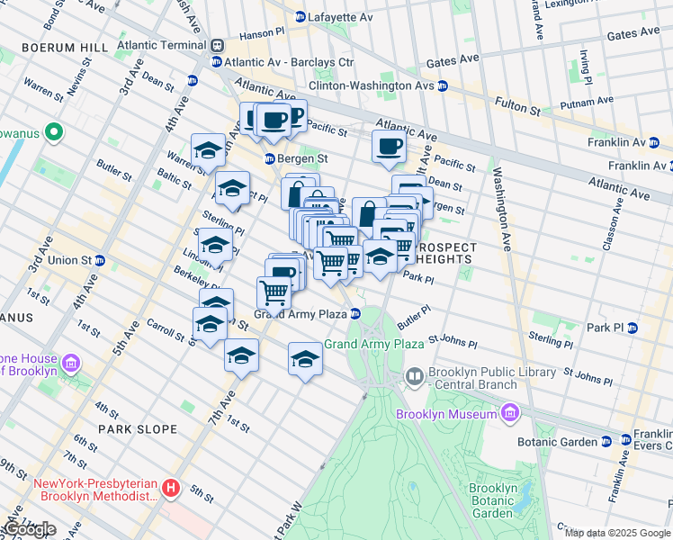 map of restaurants, bars, coffee shops, grocery stores, and more near 7th Avenue in Brooklyn