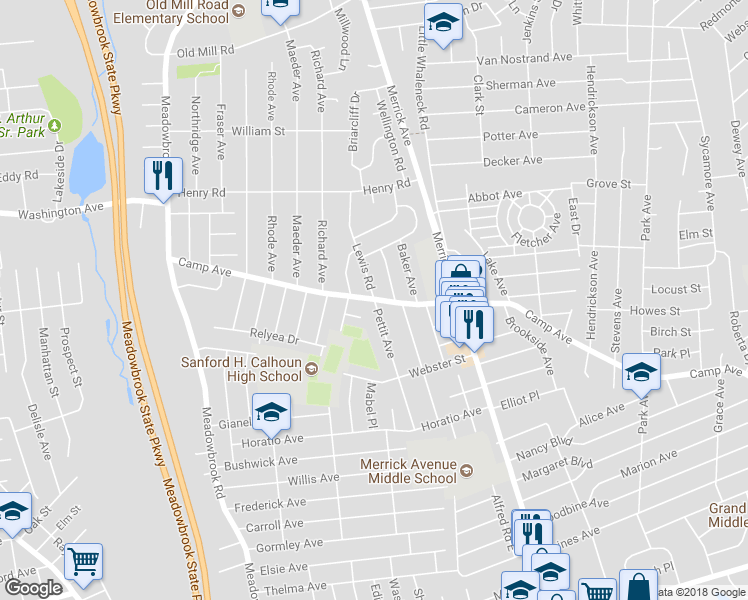 map of restaurants, bars, coffee shops, grocery stores, and more near 34 Pettit Avenue in Merrick