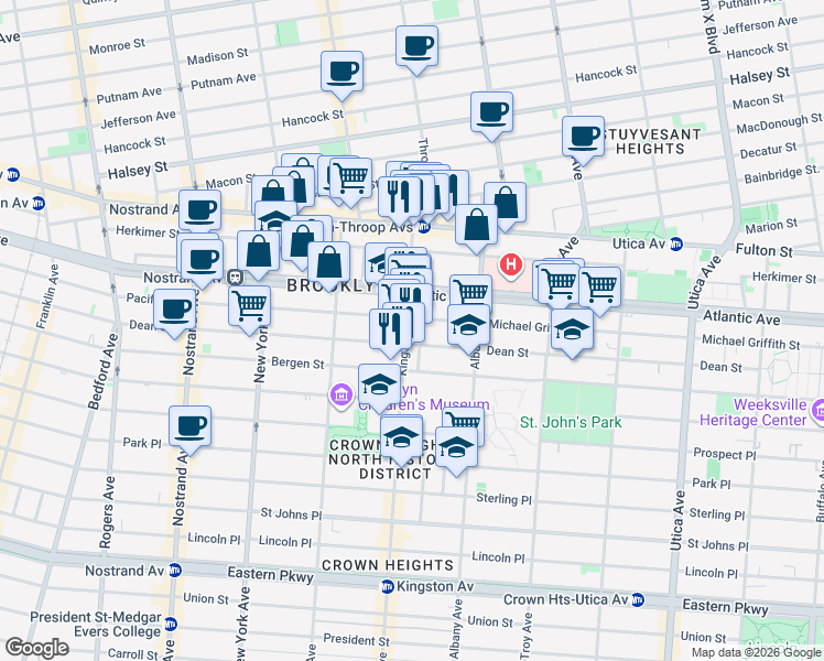 map of restaurants, bars, coffee shops, grocery stores, and more near 89 Kingston Avenue in Brooklyn