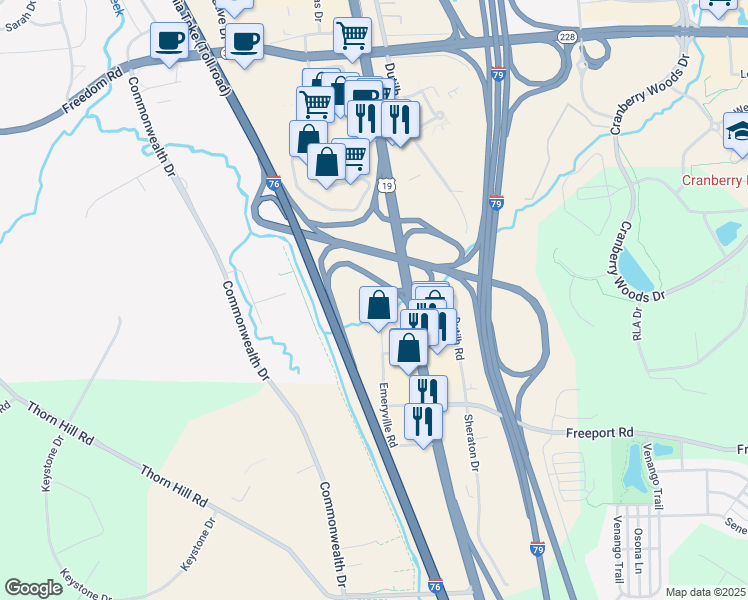 map of restaurants, bars, coffee shops, grocery stores, and more near 136 Emeryville Drive in Cranberry Township