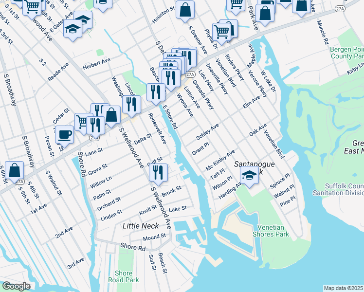 map of restaurants, bars, coffee shops, grocery stores, and more near 200 East Shore Road in Lindenhurst