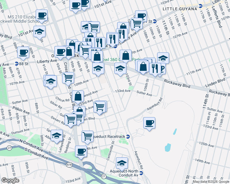 map of restaurants, bars, coffee shops, grocery stores, and more near 10013 Sutter Avenue in Queens