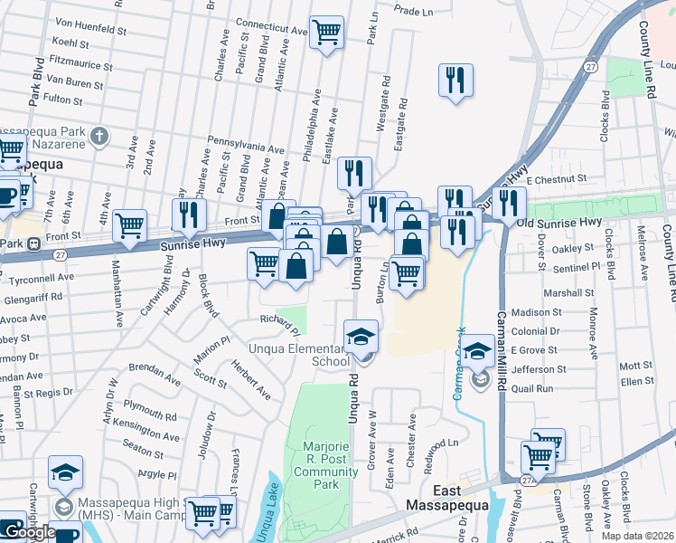 map of restaurants, bars, coffee shops, grocery stores, and more near 5300 Sunrise Highway in Massapequa Park