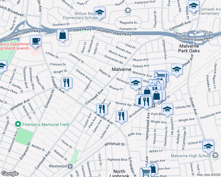 map of restaurants, bars, coffee shops, grocery stores, and more near 57 Riveria Court in Malverne