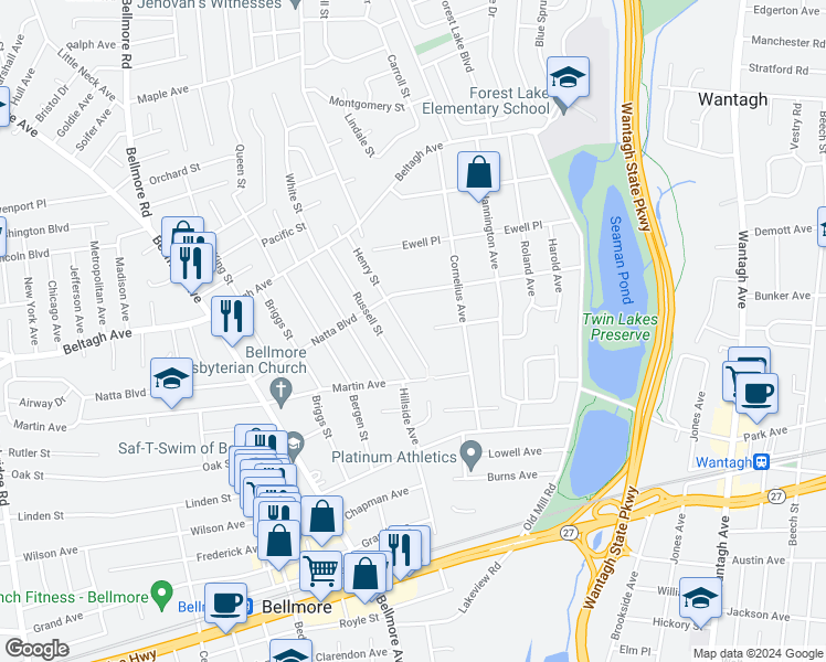 map of restaurants, bars, coffee shops, grocery stores, and more near 2011 Henry Street in North Bellmore