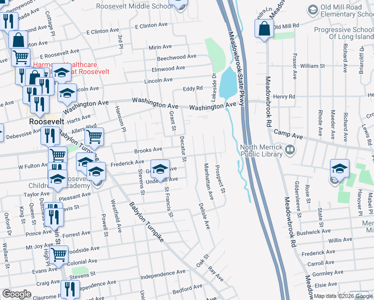 map of restaurants, bars, coffee shops, grocery stores, and more near 69 Bainbridge Street in Roosevelt