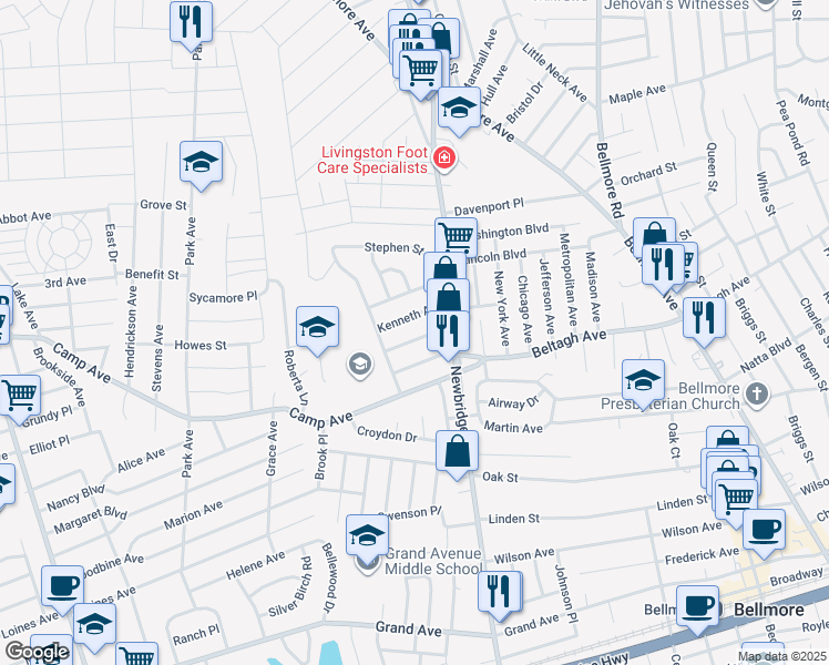map of restaurants, bars, coffee shops, grocery stores, and more near 2395 Elbert Avenue in North Bellmore