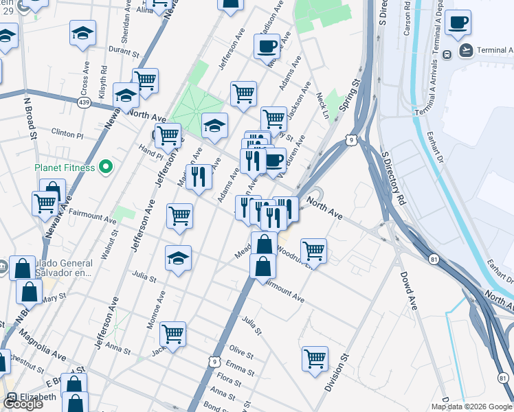 map of restaurants, bars, coffee shops, grocery stores, and more near 721 Jackson Avenue in Elizabeth