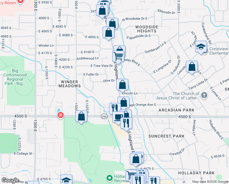 map of restaurants, bars, coffee shops, grocery stores, and more near 4340 South Highland Drive in Salt Lake City