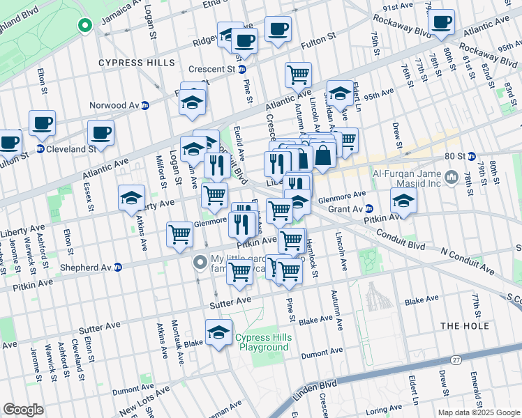 map of restaurants, bars, coffee shops, grocery stores, and more near 1029 Glenmore Avenue in Brooklyn