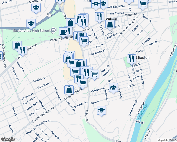 map of restaurants, bars, coffee shops, grocery stores, and more near 924 South 25th Street in Easton
