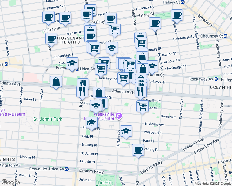map of restaurants, bars, coffee shops, grocery stores, and more near 1908 Atlantic Avenue in Brooklyn