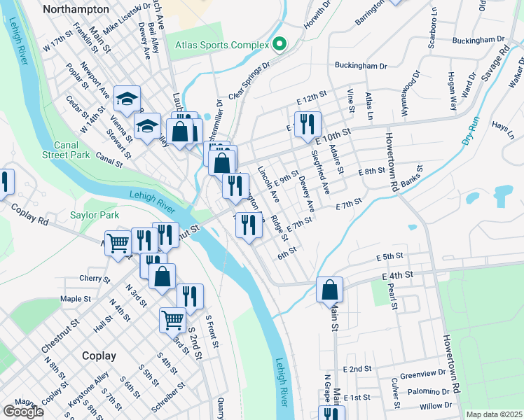 map of restaurants, bars, coffee shops, grocery stores, and more near 823 Washington Avenue in Northampton